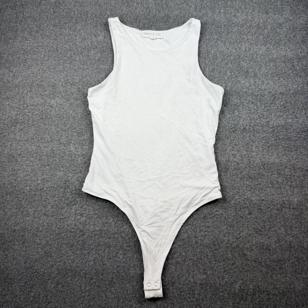 Olive & Oak Bodysuit Women's Small White Sleeveless Crew Neck Thong Snap 4T01610